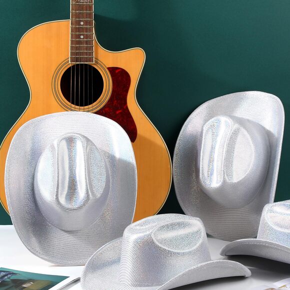 5712 4 Pcs Silver Space Holographic Cowboy Hat For Womens Glitter Western